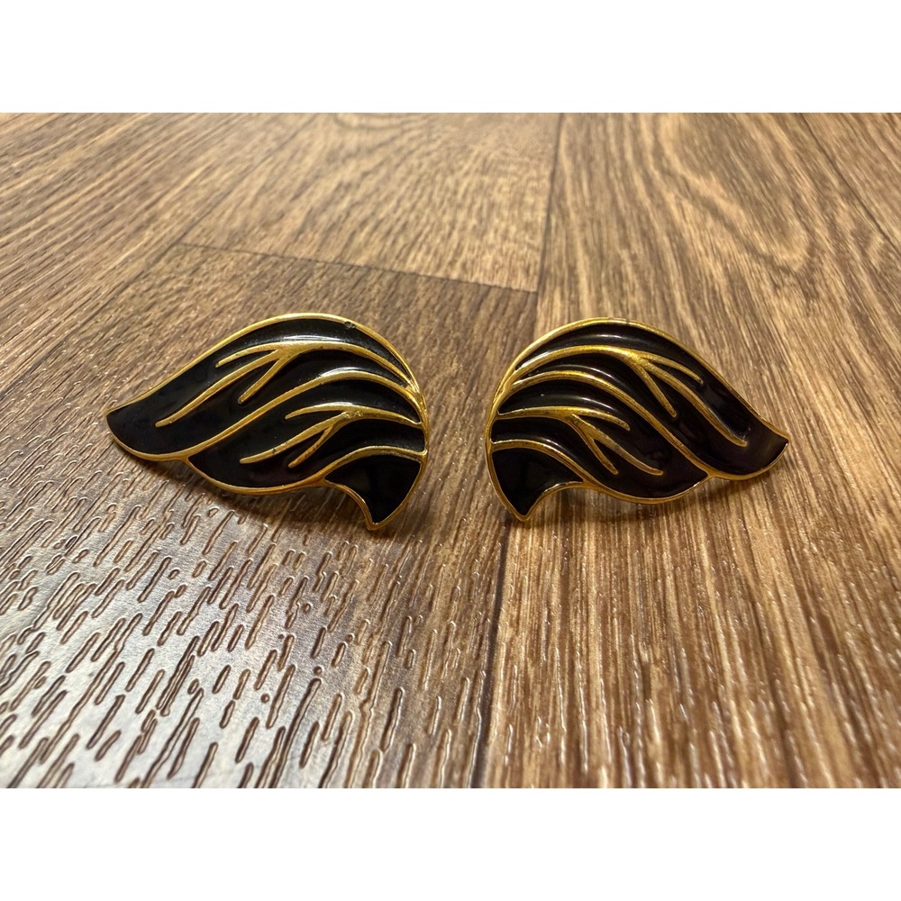 Monet‎ Vintage Gold Tone Black Enamel Wing Clip On Statement Earrings Retro